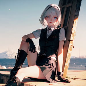 (masterpiece, sidelighting, finely detailed beautiful eyes: 1.2), masterpiece*portrait, realistic, 3d face, lustrous skin, 1girl, (((very long black gloves, black vest, short skirt, very long black boots, short white hair))), white hair, steampunk, detailed steampunk background, Saturn on the horizon