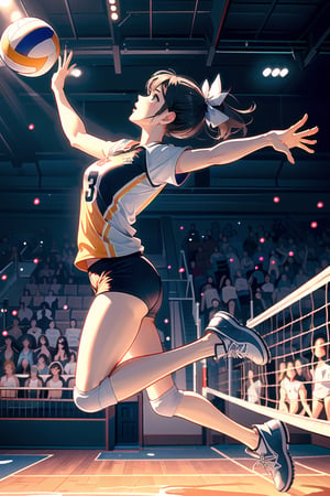 (((masterpiece))), (((best quality))), (((from side))), (((full body))), (((volleyball))), (((flying))), ((chest out)), ((raise head)), ((arms up)), ((raise shoes)), ((legs up)), sportswear, wind, night, crowd, stadium, cinematic light, cleavage, (((big tits))), collarbone, ribbon, longhair, rosy lips, parted lips, sweat, shy, blush, slim figure, (lora:girllikevolleyball:0.8),volleyball