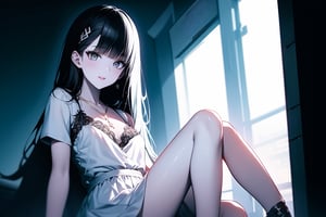 one adult girl alone, black hair, medium chest, straight bangs, gray eyes, gray eye, long hair, korean eyes, korean anime girl, medium chest, full lips, small lips, big korean eyes, gray eyes, black hair, completely black hair, black-hair, long hair, long_hair
((Full body)) little chest.
expression of security and liveliness, insightful, mischievous smile, fixed gaze.
 GREY EYES. 
small chest, small breasts, 
The woman wore a simple yet elegant light blue dress, with a modest neckline that accentuated her serene face. The straight cut and short sleeves gave her an air of simplicity and comfort, while the skirt fell in soft folds to the knee. A pair of low shoes and a delicate necklace completed the look with a touch of subtlety.