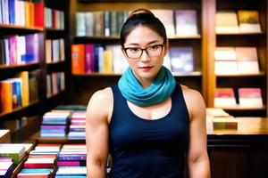 Yuko, an very muscular Asian woman with blond-dyed hair tied back in a neat bun, stands behind the counter of her cozy bookshop in Tokyo. she has very muscular arms. She wears a fashionable colourful scarf made of silk around her neck, and stylish glasses, embodying her civilian identity as a bookseller. Shelves filled with books create a warm and inviting atmosphere in the background, with a soft, ambient light casting a gentle glow. The focus is on her face, her expression is friendly and welcoming, engaging with the customers in her charming bookstore. The image should be detailed and realistic, highlighting her unique features and the cozy bookstore setting.
