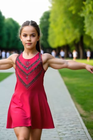 a very strong 11 year girl, in elegant dress, strong arms, strong legs, strong calves, pretty face, fine face, in park, many young boys in the background, fine details, 8k