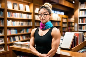 Yuko, an very muscular Asian woman with blond-dyed hair tied back in a neat bun, stands behind the counter of her cozy bookshop in Tokyo. she has very muscular arms. She wears a fashionable colourful scarf made of silk around her neck, and stylish glasses, embodying her civilian identity as a bookseller. Shelves filled with books create a warm and inviting atmosphere in the background, with a soft, ambient light casting a gentle glow. The focus is on her face, her expression is friendly and welcoming, engaging with the customers in her charming bookstore. The image should be detailed and realistic, highlighting her unique features and the cozy bookstore setting.
