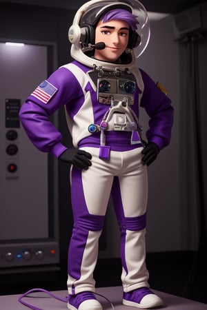 Detailed male astronaut wearing a spacesuit, mainly purple and white, large white helmet with a transparent visor showing a face with purple eyes and purple hair, headphones integrated into the helmet.,handsome male,(MkmCut)