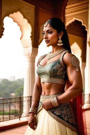 In this scene, the very muscular Indian model bodybuilder is captured against a backdrop of a traditional Indian palace. She is dressed in a regal lehenga choli, the intricate embroidery and shimmering fabric reflecting the grandeur of her surroundings. Her posture is poised and graceful, her expression serene yet captivating. The sunlight filters through ornate windows, casting a warm glow on her features, highlighting her beauty and her muscles in this majestic setting. ,photorealistic