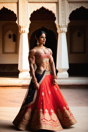 In this scene, the very muscular Indian model bodybuilder is captured against a backdrop of a traditional Indian palace. She is dressed in a regal lehenga choli, the intricate embroidery and shimmering fabric reflecting the grandeur of her surroundings, slit skirt. Her posture is poised and graceful, her expression serene yet captivating. The sunlight filters through ornate windows, casting a warm glow on her features, highlighting her beauty and her muscles in this majestic setting. ,photorealistic