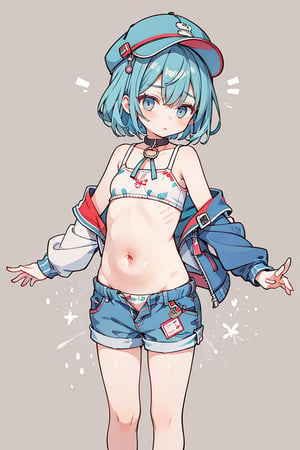 masterpiece, ultra detailed, high quality, a girl who is strangled by clothes that are too small, exposing her belly and squeezing the clothes, fashion model, blue hair,