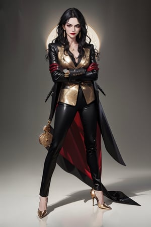 (masterpiece, best quality, highres:1.3), ultra resolution image, 

Long wavy black hair, sharp eyes, high cheekbones, red lipstick, tailored suit, silk blouse, diamond earrings, leather gloves, high heels, gold watch.Commanding stance, arms crossed, cold stare, slight smirk, raised eyebrow.

creepy background 