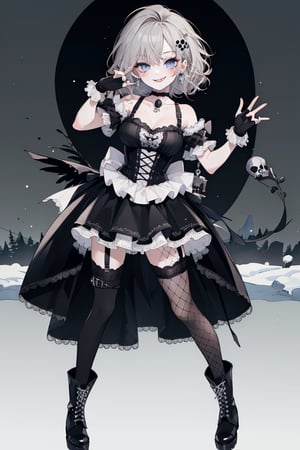(masterpiece, best quality, highres:1.3), ultra resolution image, 

chibi,

Dark curly hair, mischievous smile, black lipstick, lace choker, ruffled dress, fishnet stockings, combat boots, fingerless gloves, skull earrings, striped stockings.

Playful stance, winking, hand on hip, sticking out tongue, giggling.