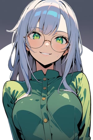 1 girl, Luna, white long hair, (round glasses), ( green eyes: 1.5), loose hair, messy hair, shaved side of the head, head swept to one side. She wears wet uniform,

Masterpiece, best quality, 4k, absurdres. Shiny eyes, smirk, 2D, flat tones, flat shading, white outline, cel shading. From below.