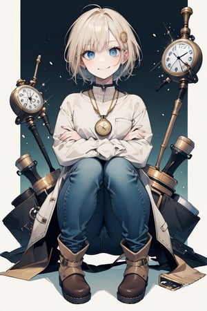 (masterpiece, best quality, highres:1.3), ultra resolution image, 
chibi girl,

Short hair, steely eyes, rugged face, plain shirt, worn jeans, sturdy boots, leather tool belt, calloused hands, pocket watch.

Crouching pose, tool in mouth, focused gaze, hands working, slight smirk

Inside vault, piles of gold bars, metallic shelves, dim lighting, scattered tools.