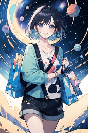 (masterpiece, best quality, highres:1.3), ultra resolution image, 

A cute urban girl with short hair and trendy clothes carries shopping bags, floating through the galaxy. She smiles brightly, surrounded by stars and planets, wearing stylish accessories and holding her bags tightly, capturing the whimsical, space-borne shopping adventure.