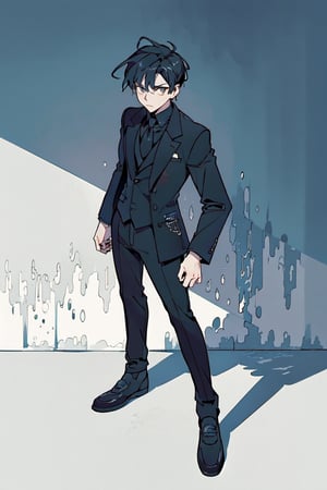 A solitary figure in a darkened room, clad in a sleek black suit, stands out against a subtle gray background. The man's piercing gaze and confident posture command attention, while the surrounding shadows emphasize his mysterious presence.