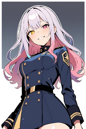 1 girl, Luna, colorful hair, (heterochromatic pupils), loose hair, messy hair, shaved side of the head, head swept to one side. She wears black officer uniform, wet, Sad,

Masterpiece, best quality, 4k, absurdres. Shiny eyes, smirk, 2D, flat tones, flat shading, white outline, cel shading. From below.