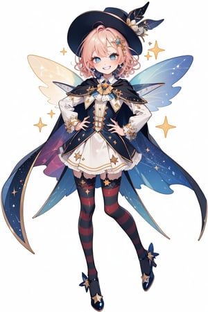 (masterpiece, best quality, highres:1.3), ultra resolution image, 
chibi,
Short curly hair, sparkling eyes, impish grin, star-shaped freckles, enchanted wand, flowing cape, striped stockings, pointed hat, glittery shoes, fairy wings.

Playful pose, winking, hand on hip, blowing a kiss, giggling.