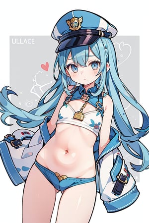 masterpiece, ultra detailed, high quality, a girl who is strangled by clothes that are too small, exposing her belly and squeezing the clothes, police, blue hair,