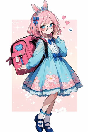 (masterpiece, best quality, highres:1.3), ultra resolution image, 

Pink hair, big blue eyes, freckles, rosy cheeks, heart-shaped glasses, floral dress, lace socks, bow shoes, cute bunny backpack, small tiara, Cheerful smile, hands on cheeks, head tilted, sparkling eyes, winking.