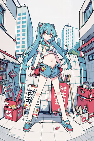 masterpiece, ultra detailed, high quality, a girl who is strangled by clothes that are too small, exposing her belly and squeezing the clothes, police, blue hair, street background,