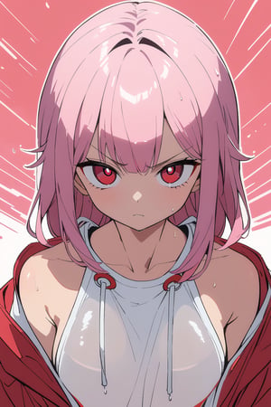 1 girl, Luna, pink short hair, (round glasses), (red eyes: 1.5), loose hair, messy hair, shaved side of the head, head swept to one side. She wears white school swin suit, angry, wet,

Masterpiece, best quality, 4k, absurdres. Shiny eyes, angry, 2D, flat tones, flat shading, white outline, cel shading. From below.