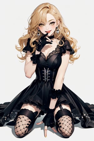 (masterpiece, best quality, highres:1.3), ultra resolution image, 

chibi,

yellow curly hair, mischievous smile, black lipstick, lace choker, ruffled dress, fishnet stockings, combat boots, fingerless gloves, skull earrings, striped stockings.

Kneeling pose, winking, hands on knees, sticking out tongue, giggling.