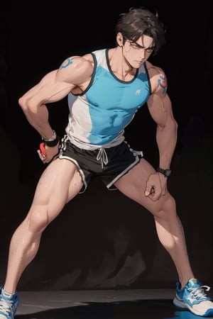 (masterpiece, best quality, highres:1.3), ultra resolution image, 

Short-cropped hair, chiseled jaw, muscular build, intense eyes, tattooed arms, sleeveless shirt, athletic shorts, sturdy sneakers, sweatband, sports watch. Powerful stance, clenched fists, determined gaze, furrowed brows, serious expression.