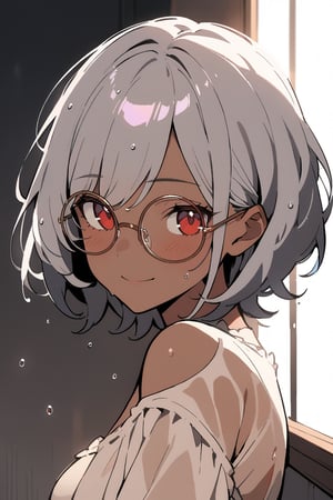 1 girl, silver short hair, dark skin, (round glasses), (red eyes: 1.5), loose hair, messy hair, shaved side of the head, head swept to one side. She wears lolita, wet, upper body,

Masterpiece, best quality, 4k, absurdres. Shiny eyes, happy, 2D, flat tones, flat shading, white outline, cel shading. From top,