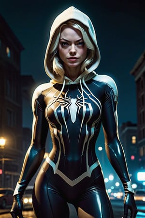 (8k, 3D, UHD, highly detailed, masterpiece, professional oil painting) best quality, highres, dynamic lighting, photo realistic, master piece, full body, photo realistic, insane detail, 8k, rtx, octane render, graceful curves, cinematic lighting, high sharpness, high contrast, Emma Stone, Gwen Stacy, Spider Gwen as a dominatress in a hoodie spider suit, thick thighs, narrow waist, from front, large perky breasts,muscular body, slim body, sexy pose, seductive, white skin, fine face, sensual expression, at night,