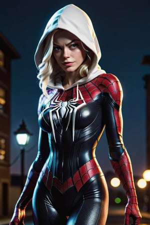 (8k, 3D, UHD, highly detailed, masterpiece, professional oil painting) best quality, highres, dynamic lighting, photo realistic, master piece, full body, photo realistic, insane detail, 8k, rtx, octane render, graceful curves, cinematic lighting, high sharpness, high contrast, Emma Stone, Gwen Stacy, Spider Gwen as a dominatress in a hoodie spider suit, thick thighs, narrow waist, from front, large perky breasts,muscular body, slim body, sexy pose, seductive, white skin, fine face, sensual expression, at night,