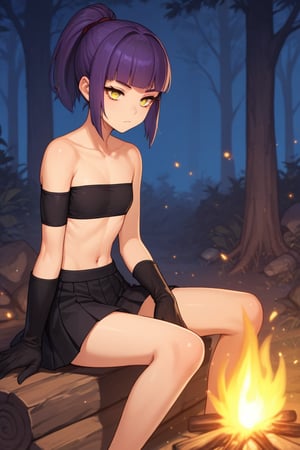 score_9, score_8_up, score_7_up, score_6_up, score_5_up, score_4_up, source_cartoon, source_anime, BREAK 1girl, (petite), yellow eyes, eyelashes, short hair, purple hair, ponytail, blunt bangs, flat chest, sitting, black tube top, skirt, serious, expressionless, gloves, forest, campfire, night,