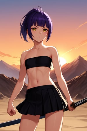 score_9, score_8_up, score_7_up, score_6_up, score_5_up, score_4_up, source_anime, BREAK 1girl, yellow eyes, eyelashes, short hair, purple hair, ponytail, blunt bangs, (katana), holding katana, flat chest, black tube top, skirt, :), fighting stance, cowboy shot, volcano, sunset,