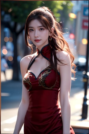 New York City,avenue,street,trees,
20 yo, 1 girl, beautiful korean girl, head to thigh portrait,nice breasts,wear red sexy cheongsam ,,solo, {beautiful and detailed eyes}, blue eyes, calm expression, delicate facial features, ((model pose)), Glamor body type,blond hair ,hair_past_waist,curly hair,very long hair,simple tiny earrings,simple tiny necklace, flim grain, realhands, masterpiece, Best Quality, 16k, photorealistic, ultra-detailed, finely detailed, high resolution, perfect dynamic composition, beautiful detailed blue eyes, eye smile,smile , sharp-focus, standing,head to thigh portrait,nice ass, body face to viewer ,standing