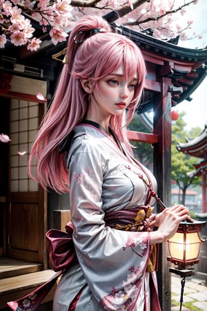 1girl,28yo,japanese,miko,pink hair,black eyes, cherry blossoms,sharp focus,shrine, cinematic lighting,highres, realistic,