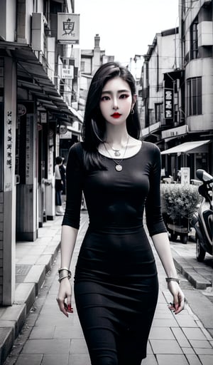 1slim lady with beautiful face, straight hair, wearing dress, delicate necklace, dark hair, lip stain, city scene, on street, old town,  solo, best quality, high resolution, black and white filter 