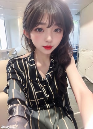 (masterpieces, best quality:1.2), (intricate details),(photorealistic:1.3), raw photo, high resolution, ultra detailed 8k cg, unity 8k wallpaper, ultra detailed, beautiful and aesthetic, perfect lighting, official art, dynamic light source, ray tracing, 1girl, solo, 18yo, young, make up, lips slightly open, (smile:1.2), hollow eyes, crossed eyes, long eyelashes, lipstick, earrings, beautiful eyes and face, delicate and fair skin, black hair, long hair, hair up, jk, ((black pantyhose)), plaid short skirt, black_footwear, school uniform, campus, nature, dayime,