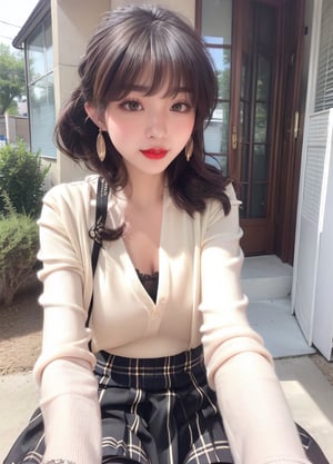 (masterpieces, best quality:1.2), (intricate details),(photorealistic:1.3), raw photo, high resolution, ultra detailed 8k cg, unity 8k wallpaper, ultra detailed, beautiful and aesthetic, perfect lighting, official art, dynamic light source, ray tracing, 1girl, solo, 18yo, young, make up, lips slightly open, (smile:1.2), hollow eyes, crossed eyes, long eyelashes, lipstick, earrings, beautiful eyes and face, delicate and fair skin, black hair, long hair, hair up, jk, ((black pantyhose)), plaid short skirt, black_footwear, school uniform, campus, nature, dayime,