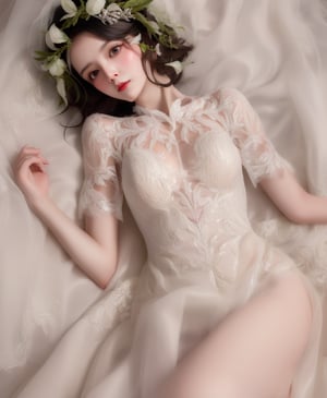 1 beautifu bride lying on the bed, wearing short sleeves dress, bridal, sheer, (see-through:1.3), lace, underwear on bed, (with head), hair ornament, black hair, bird's eye view, (thigh), best anatomy, look at viewer, romantic, (mucha style), (solo:1.8), masterpieces, best quality, high resolution, bright scene, soft color, low contrast,