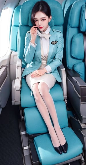 1 slim flight crew with beautiful face, single hair bun hair, black hair, wearing blue stain shirt and white pencil skirt, jacket, silk scarf, name tag, flight badge, black pantyhose, from front, solo, cowboy shot, sitting, in flight cabin, best quality, 4k resolution