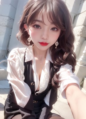 (masterpieces, best quality:1.2), (intricate details),(photorealistic:1.3), raw photo, high resolution, ultra detailed 8k cg, unity 8k wallpaper, ultra detailed, beautiful and aesthetic, perfect lighting, official art, dynamic light source, ray tracing, 1girl, solo, 18yo, young, make up, lips slightly open, (smile:1.2), hollow eyes, crossed eyes, long eyelashes, lipstick, earrings, beautiful eyes and face, delicate and fair skin, black hair, long hair, hair up, jk, ((black pantyhose)), plaid short skirt, black_footwear, school uniform, campus, nature, dayime,