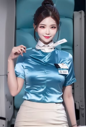 1 slim flight crew with beautiful face, single hair bun hair, black hair, wearing (blue stain shirt) and (white pencil skirt), silk scarf, name tag, flight badge, (hairpin), elegant posture, solo, best anatomy, from front,