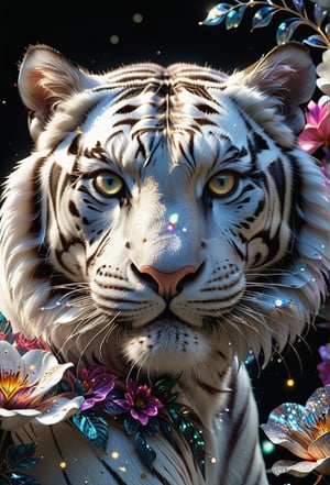 Close-up image of an alvin white tiger, alvin tiger, detailed tiger face, shiny tiger skin, detailed tiger eyes, black background, (((fantasy flowers))), (((multicolored flowers))), (((highly detailed flowers))), (((beautiful flowers)))), (((large flowers))), hyper-realistic illustration, ultra-realistic, creates a fascinating visual spectacle, vibrant colors, sharp shapes, HDR, UHD, 64k, dynamic angle, cinematic, shape focus, incredible details, highly detailed, masterpiece, photorealistic,glitter,crystalz,shiny