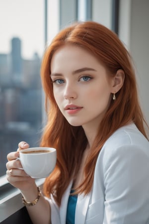 Full body photograph of a girl, 20 years old, red hair, green eyes, long hair, blue t-shirt, white jacket, white jeans, blue sneakers, beautiful silver earrings, very beautiful, beautiful, sensual girl. Elegant, sitting, (((drinking a coffee inside a hotel))), in front of a window, in New York, photo realistic, RAW photo, HDR, UHD, 64 k, dynamic agle, cinematic, shap focus, insane details, highly detailed, masterpice