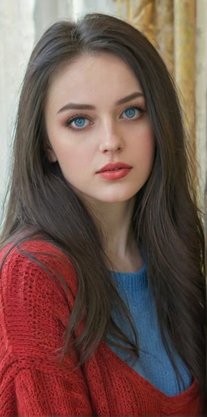 Generates a hyper-realistic image 1 20-year-old (Ukrainian) girl with slim, wearing a ((oversized red sweater)), beautiful blue eyes, long dark hair that hints at playful rebellion. Her dark makeup enhances her mischievous expression as she enjoys her bad girl persona at home. She grabs the upper part of her body. (Extremely realistic)