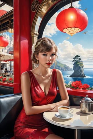 Hyper-realistic photo of a beautiful girl sitting in a cafe, 20s, 1 girl, alone, detailed exquisite face, smooth shiny skin, smile, looking at viewer, (((taylor swift lookalike))), elegant dress, [color red]
BREAK
backdrop: cafe with sea view, table, coffee cup, window, lamp, flower (girl focus), messy maximalism
BREAK
settings: (rule of thirds 1.3), perfect composition, studio photography, artstation trends, perspective depth, (masterpiece, best quality, 32k, UHD: 1.4), (sharp focus, high contrast, HDR, hyper detailed, intricate details,ultrarealistic,kodachrome 800:1.3),(cinematic lighting:1.3),(by Karol Bak, Alessandro Pautasso,Gustav Klimt and Hayao Miyazaki :1.3),art_booster,photo_b00ster, real_booster