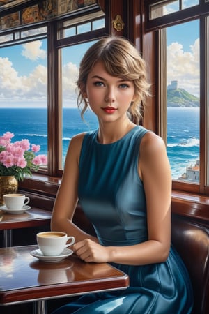 Hyper-realistic photo of a beautiful girl sitting in a cafe, 20s, 1 girl, alone, detailed exquisite face, smooth shiny skin, smile, looking at viewer, (((taylor swift lookalike))), elegant dress, [color fiusha]
BREAK
backdrop: cafe with sea view, table, coffee cup, window, lamp, flower (girl focus), messy maximalism
BREAK
settings: (rule of thirds 1.3), perfect composition, studio photography, artstation trends, perspective depth, (masterpiece, best quality, 32k, UHD: 1.4), (sharp focus, high contrast, HDR, hyper detailed, intricate details,ultrarealistic,kodachrome 800:1.3),(cinematic lighting:1.3),(by Karol Bak, Alessandro Pautasso,Gustav Klimt and Hayao Miyazaki :1.3),art_booster,photo_b00ster, real_booster