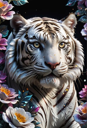 Close-up image of an alvin white tiger, alvin tiger, detailed tiger face, shiny tiger skin, detailed tiger eyes, black background, (((fantasy flowers))), (((multicolored flowers))), (((highly detailed flowers))), (((beautiful flowers)))), (((large flowers))), hyper-realistic illustration, ultra-realistic, creates a fascinating visual spectacle, vibrant colors, sharp shapes, HDR, UHD, 64k, dynamic angle, cinematic, shape focus, incredible details, highly detailed, masterpiece, photorealistic,glitter,crystalz