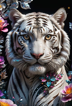 Close-up image of an alvin white tiger, alvin tiger, detailed tiger face, shiny tiger skin, detailed tiger eyes, black background, (((fantasy flowers))), (((multicolored flowers))), (((highly detailed flowers))), (((beautiful flowers)))), (((large flowers))), hyper-realistic illustration, ultra-realistic, creates a fascinating visual spectacle, vibrant colors, sharp shapes, HDR, UHD, 64k, dynamic angle, cinematic, shape focus, incredible details, highly detailed, masterpiece, photorealistic,glitter,crystalz,shiny