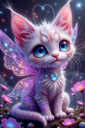 A mesmerizing 3D alcohol ink artwork of an enchanting chibi rose and purple fairy cat. The cat has stunning, ethereal wings in shades of purple and rose, with a shimmering, almost otherworldly glow. The cat's captivating, expressive big blue eyes are filled with warmth and a touch of mischief, and its gentle smile exudes charm. The artwork evokes a sense of magic and wonder, capturing the viewer's heart with its vibrant colors and whimsical details,magical, whimsical, fairytale, fantasy