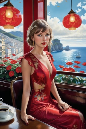 Hyperrealistic photography of a beautiful girl sitting in a cafe, 20s, girl, alone, exquisite detailed face, soft glowing skin, smile, looking at viewer, (((Taylor Swift lookalike))), (((elegant dress))), (((red dress 1.8))) (((red dress 1.8)))
BREAK
Background: sea view cafe, table, coffee cup, window, lamp, flower (focus on girl), messy maximalism
BREAK
Settings: (Rule of Thirds 1.3), Perfect Composition, Studio Photography, Artstation Trends, Perspective Depth, (Masterpiece, Best Quality, 32k, UHD:1.4), (Sharp Focus, High Contrast, HDR, Hyper Detailed, Intricate Details, Ultra Real, Kodachrome 800:1.3), (Cinematic Lighting:1.3), (by Karol Bak, Alessandro Pautasso, Gustav Klimt and Hayao Miyazaki: 1.3), art enhancer, photography enhancer, real enhancer