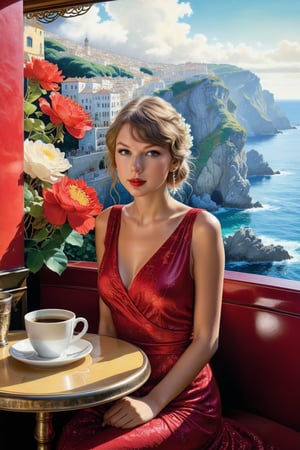 Hyperrealistic photography of a beautiful girl sitting in a cafe, 20s, girl, alone, exquisite detailed face, soft glowing skin, smile, looking at viewer, (((Taylor Swift lookalike))), (((elegant dress))), (((red dress 1.8))) (((red dress 1.8)))
BREAK
Background: sea view cafe, table, coffee cup, window, lamp, flower (focus on girl), messy maximalism
BREAK
Settings: (Rule of Thirds 1.3), Perfect Composition, Studio Photography, Artstation Trends, Perspective Depth, (Masterpiece, Best Quality, 32k, UHD:1.4), (Sharp Focus, High Contrast, HDR, Hyper Detailed, Intricate Details, Ultra Real, Kodachrome 800:1.3), (Cinematic Lighting:1.3), (by Karol Bak, Alessandro Pautasso, Gustav Klimt and Hayao Miyazaki: 1.3), art enhancer, photography enhancer, real enhancer