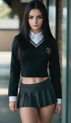 ((Teen)),a 20 yo woman, long black hair, (hi-top fade:1.3), dark theme, soothing tones, muted colors, high contrast, (natural skin texture, hyperrealism, soft light, sharp),Enhanced Reality,Movie Still, ,real,reallife, black sexy school uniform, inst4 style, ,p3rfect boobs, cleavage,inst4 style