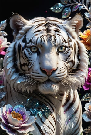 Close-up image of an alvin white tiger, alvin tiger, detailed tiger face, shiny tiger skin, detailed tiger eyes, black background, (((fantasy flowers))), (((multicolored flowers))), (((highly detailed flowers))), (((beautiful flowers)))), (((large flowers))), hyper-realistic illustration, ultra-realistic, creates a fascinating visual spectacle, vibrant colors, sharp shapes, HDR, UHD, 64k, dynamic angle, cinematic, shape focus, incredible details, highly detailed, masterpiece, photorealistic,glitter,crystalz,shiny